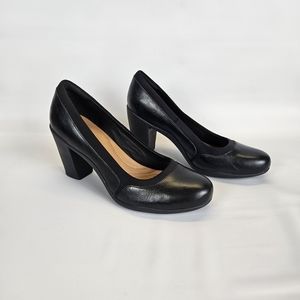 Clarks Black Leather Block Heel Pumps